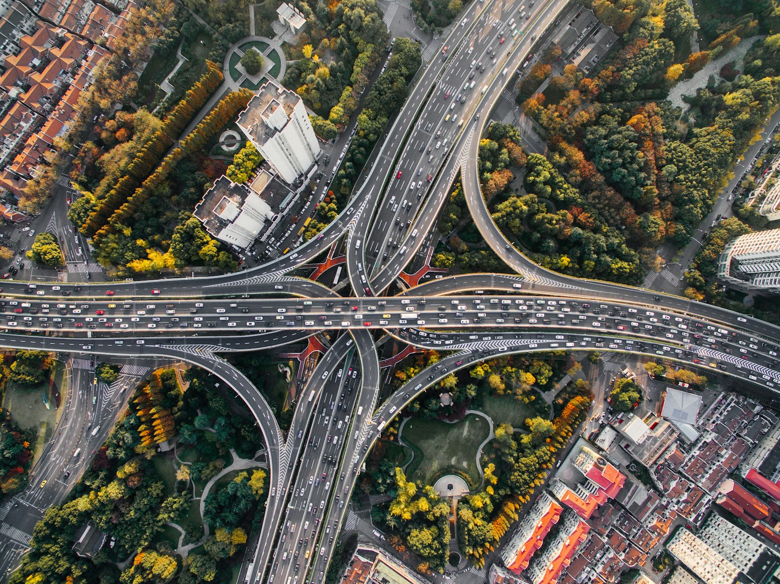 Aerial view of a major road interchange and city connectivity